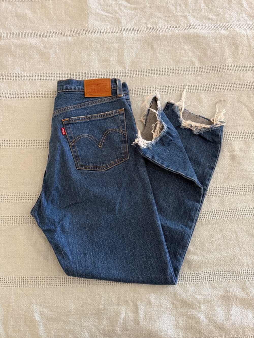 Levi's Blue High-Rise Straight Jeans with Frayed Hem